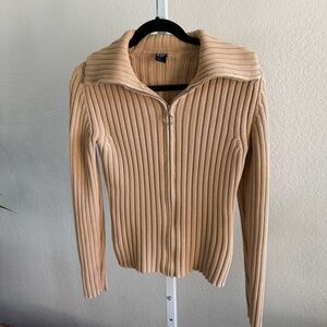 GAP Ribbed Zip Up Sweater Women’s S Tan Collared Knit 100% Cotton Preppy Y2K